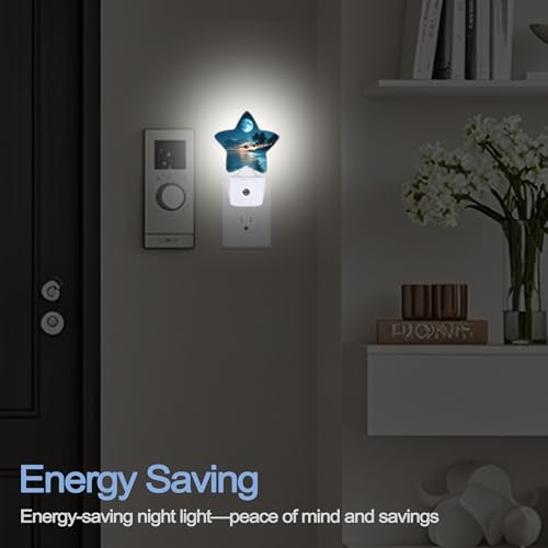 Image of Moon Beach Night Light,Tropical Palm Tree Plug-in Star Night Lights with Dusk-to-Dawn Sensor for Bedroom,Bathroom,Living Room Sleep Friendly Lamp for Women Girls Boys Gift,0.5W