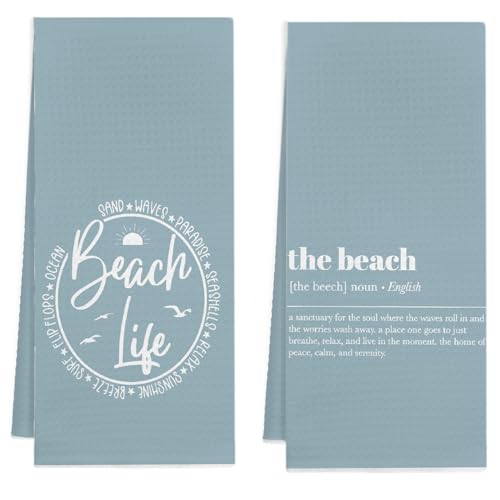 KAOWT Serviettes de cuisine bleu plage, cadeaux pour amateurs de plage, 16x24 po, ensemble de 2