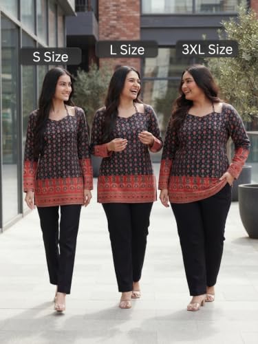 Image of GRECIILOOKS Short Kurti for Women - Printed Modern Tunic Top | Long Ethnic Wester Tops for Woman| Full Sleeve Indo Western Tunic | Comfortable Rich Kurti Tops for Office and Casual