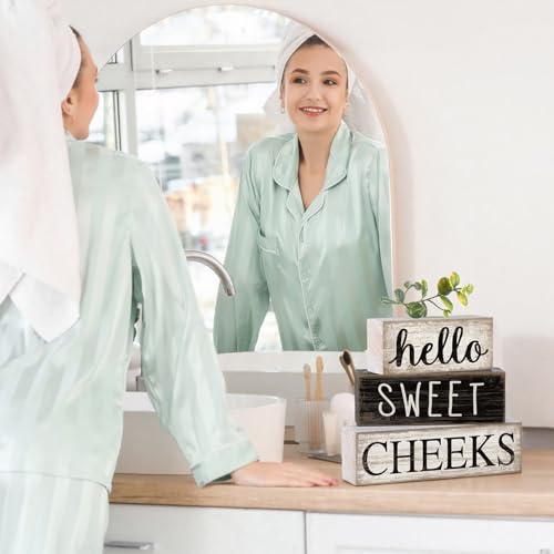 Image of Moucuny 4 Pcs Bathroom Shelf Decor Hello Sweet Cheeks Sign Farmhouse Bathroom Decor and Accessories Rustic Eucalyptus Leaves Wood Block Sign Gift Sweet Home Table Centerpiece for Home Office