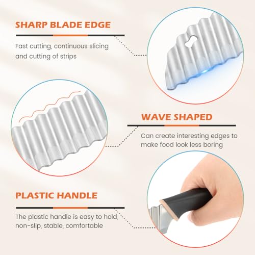 Crinkle Cutter Knife, Rubber Handle Stainless Steel Fries Cutter Slicer with Onion Holder, Vegetable Salad Chopping Knife Home Kitchen Wavy Blade Cutting Tool(Black) - Image 4