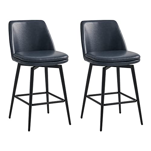 Image of CHITA Swivel Bar Stools, 27.2 inch Counter Height Bar Stools Set of 2, FSC Certified Upholstered Modern Counter Stools, Metal Legs, Faux Leather, Blue