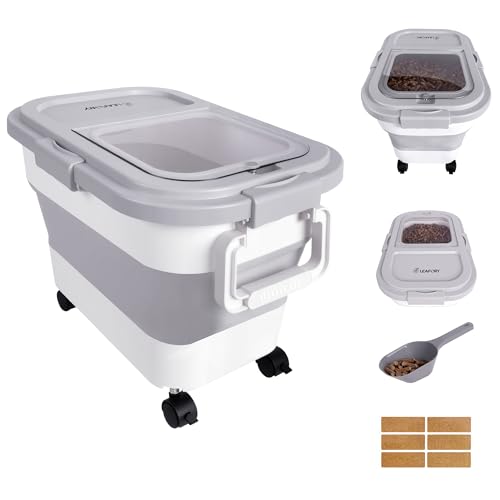 Leafory Wood Pellet Storage Container 20-25lbs Airtight Bin with Locking Lid & Clear Window Collapsible Pellet Bucket with Wheels Scoop & Labels Gray