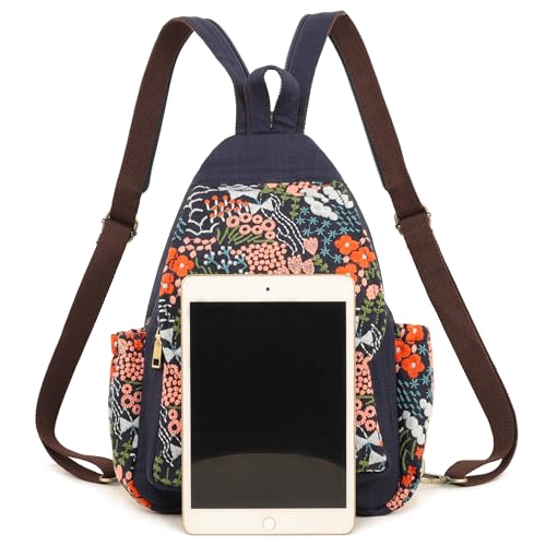 Image of SILKAREA Canvas Sling Backpack Purse for Women Embroidered Flowers Travel Backpack Crossbody Bag Shoulder Bag (Embroidered B)
