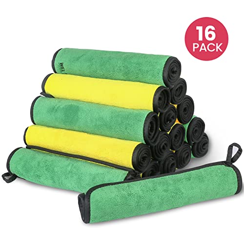 YANTU Plush Microfiber Car Drying Towel 24â€ x 12â€ (16 Pack) Multipurpose Edgeless Cleaning Towel for Household, Auto Washing, Car Drying, Detailing (Yellow+Green)
