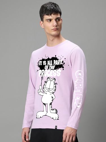 Image of Bewakoof Official Garfield Merchandise Men's Graphic Print Regular Fit Full Sleeve Round Neck Cotton Jersey T-Shirt
