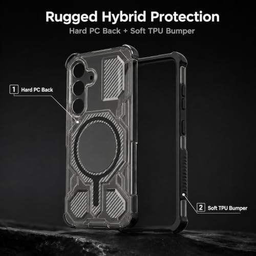 Image of MagPro Armor Grip Case for Samsung Galaxy S25 | Strong MagSafe Compatible Cover, Rugged Hybrid Protection, Hard PC Back, Soft TPU Bumper, Shockproof, Scratch Resistant | Black