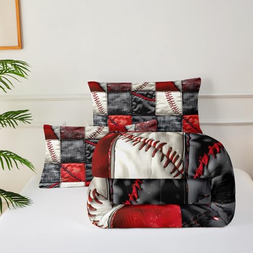 Image of Red and Black Plaid Comforter Set Queen,Baseball Bedding Set Queen Red and Black,Sport Quilt for Boys,with 1 Comforter with 2 Pillow Case
