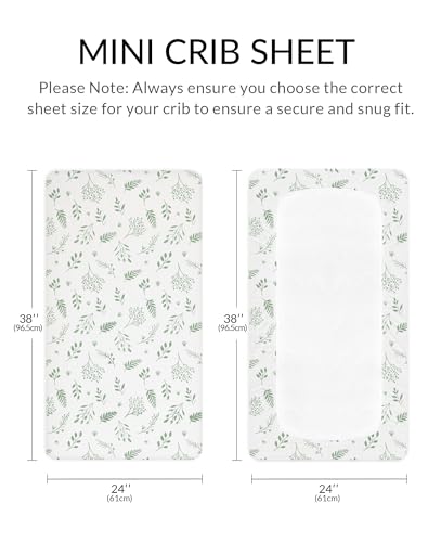 Image of Mini Crib Sheets for Baby Boy Girl 2 Pack, Neutral Mini Crib Mattress Sheet 24 inch x 38 inch, Muslin Nursery Bedding Soft and Breathable Comfort (Fern Leaf & Sage)