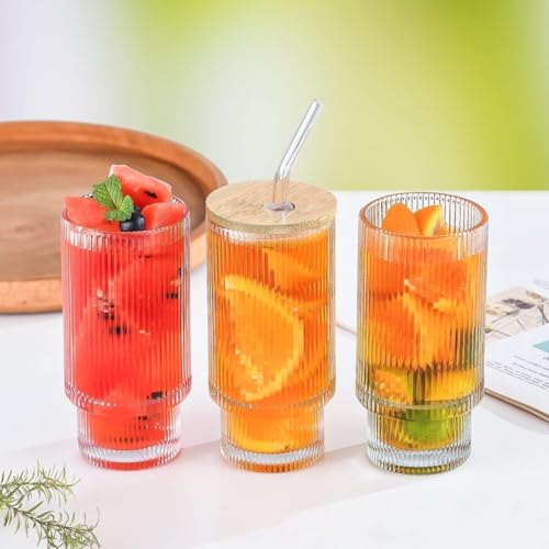 Image of HomeWiz Ribbed Glass Tumbler Set of 2 (450ml) with Bamboo Lid & Glass Straw - Vintage Sipper Glasses | Borosilicate Cups for Cold Coffee, Iced Tea, Juice & Smoothies | Reusable Cold Brew Tumbler