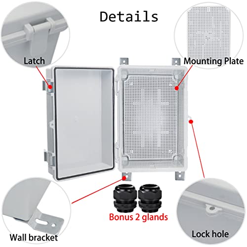 Yetlebox Waterproof Electrical Box With Mounting Plate 290X190X140Mm, Ip67 Junction Box Hinged Grey Cover Abs Project Boxes For Electronics Diy Enclosure With Wall Bracket And 2 Glands 11.4"X7.5"X5.5" #TOP2
