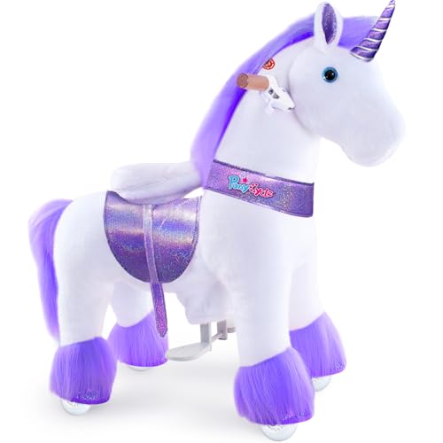 Image of PonyCycle Ride on Unicorn Horse Toys for Girls Toddler Rocking Horse (with Brake / 30 inch Height /Size 3 for Age 3-5) Purple Unicorn Plush Kids Ride on Toys Walking Unicorn Birthday Gifts Ux306