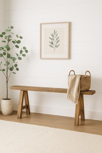 Image of Artissance Rustic Natural Wood Noodle Bench, Long Wooden Entryway Bench, Weathered Farmhouse Indoor Outdoor Seating, End of Bed or Dining Room Bench Decor