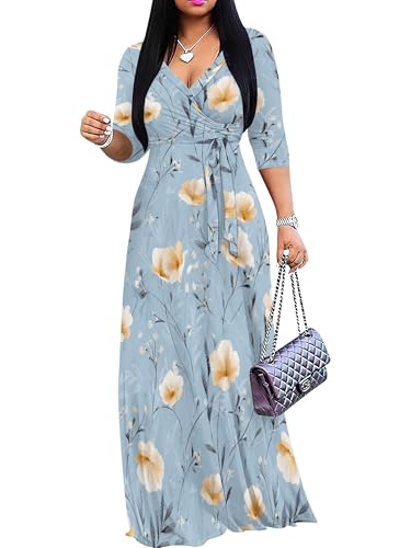 Image of Women's V Neck Floral Maxi Dress 3 /4 Sleeve Plus Size Boho Wrap Flowy Long Dresses with Belt