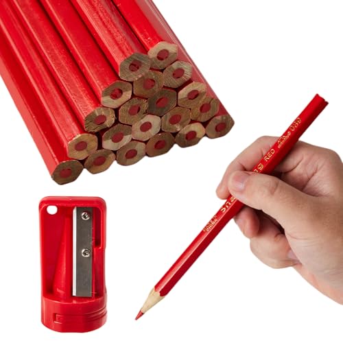 Preisvergleich Produktbild 20 Zimmereibleistifte, rote flache Zimmermannsbleistifte, schwere Baubleistifte, Tischlermarkierungswerkzeuge, Konstruktionsstifte zum Zeichnen von Markierern Tischlerarbeiten mit Bleistiftspitzer
