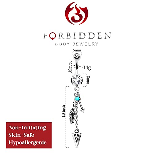 Forbidden Body Jewelry Surgical Steel Clear Crystal Tribal Feather And Arrow Charms Synthetic Turquoise Dangle Belly Ring #TOP1