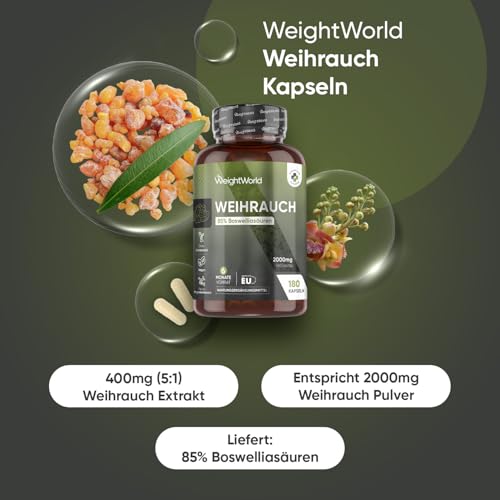 Weihrauch Kapseln - 2000mg Boswellia Pulver je Kapsel - 6 Monate Vorrat - 400mg Weihrauch Extrakt - 85% Boswelliasäuren - 180 vegane Kapseln - Indischer Weihrauchkapseln - WeightWorld