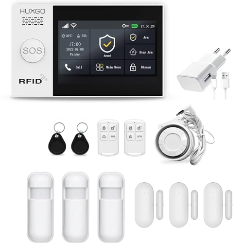 HUXGO HXA007 Funk Alarmanlage WiFi + GSM Modul mit 3X Bewegungssensoren - Bewegungsmelder mit Alarm - Alarmanlage Haus - Alarmanlage Wohnung - Funk Bewegungsmelder mit Empfänger