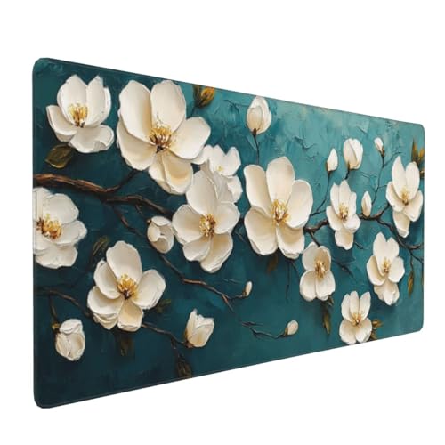 Alfombrilla de ratón grande para oficina y setup gaming con estética de flores blancas J-5987