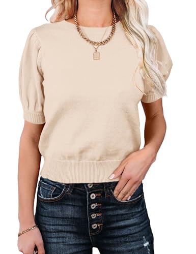 Image of Womens Puff Short Sleeve Sweater Tops Crewneck Basic Knit Pullover Lightweight Casual Sweaters