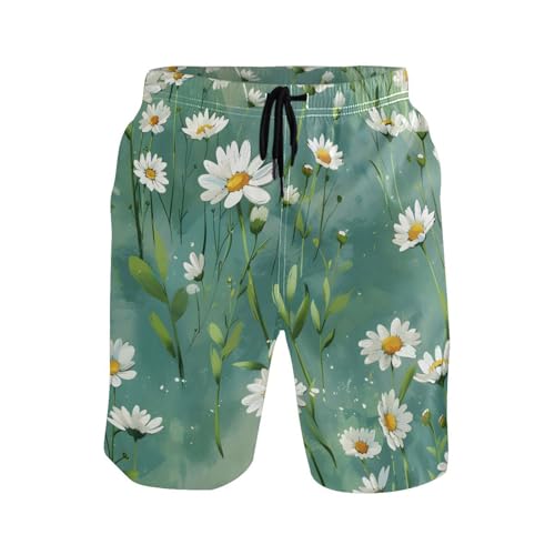 Men’s Swim Trunks Green Leaves White Flowers Beach Board Shorts Swimming Short Pants Running Sports Surffing Shorts
