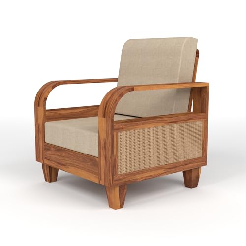 Image of Sheesham Wooden 4 Seater Sofa for Living Room | Solid Wood Sofa with Rattan Cane Side Rack | Rosewood Sofa Set for Home & Office | Lounge (Honey, 4 Seater)