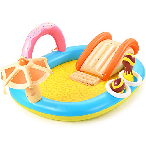 Image of Inflatable Play Center with Slide,Outdoor Backyard Swimming Pool,98" x 67" x 32",Water Park with Rainbow Arch for Kids Toddlers