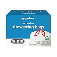 Amazon Basics 13 Gallon Tall Kitchen Drawstring Trash Bags, Unscented, 10% Post Consumer Recycled, 120 Count