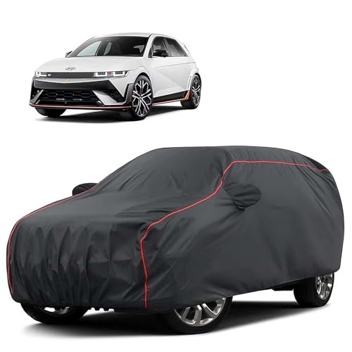 Image of Sulfar 100% Water Resistant Car Body Cover Compatible with Mirror for Hyundai IONIQ 5 (Triple Stitched, Full Bottom Elastic, Dark Grey Tafetta with Red Piping)