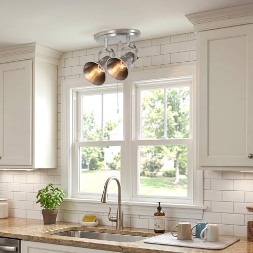 Image of 2-Light Brushed Nickel Pull Chain Light Fixture, Ceiling Light with Pull Chain, Adjustable Flush Mount Lighting for Kitchen, Closet, Hallway