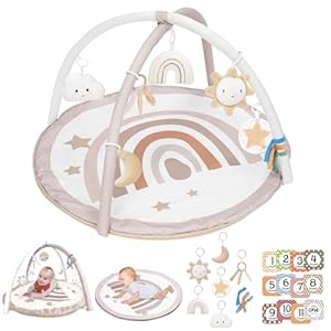 Baby Play Gym Mat, Tummy Time Activity Mat with 7 Detachable Toys and 12 Milestone Cards for Stage-Based Sensory and Motor Skill Development, Washable Play Mats for Infant, Newborn Baby Essentials