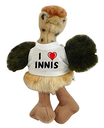 Personalised ostrich plush toy with I love Innis T-Shirt (first name/surname/nickname)