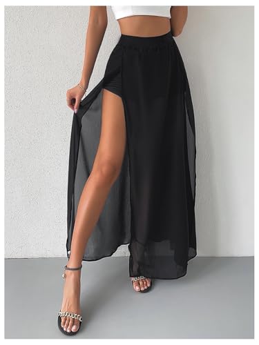 SweatyRocks Women's High Split Sheer Mesh Maxi Skirts High Waist Flowy Skirt with Short2