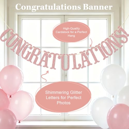 Image of Congratulations Banner, Graduation Party Decor | Rose Gold Glitter Congrats Sign for Retirement, Wedding, Job Promotion Party Decorations, Pre-strung