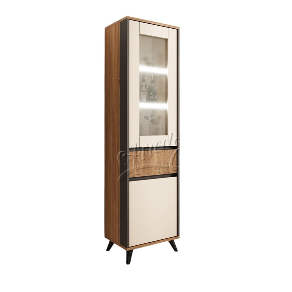 ARREDO DA CASA Vetrina Moderna per Soggiorno, 50x190x40 cm, Illuminazione LED, Cassetto ad Estrazione Totale e Ante Soft-Closing, Rovere/Grafite/Beige VU1