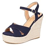 Lhamo Latso Espadrille Wedge Sandals for Women, Women's Platform Wedge Heels, High Heel Summer Wedges for Women with Breathable Knitted Textile Upper Open Toe Ankle Strap, Navy Blue Size 8.5