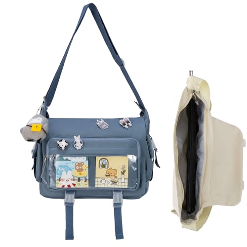 Bolsa tiracolo Kawaii para mulheres com alfinete e pinguim de pelúcia, bolsa mensageiro fofa bolsa tiracolo japonesa bolsa Y2K, Azul, Medium-Compact
