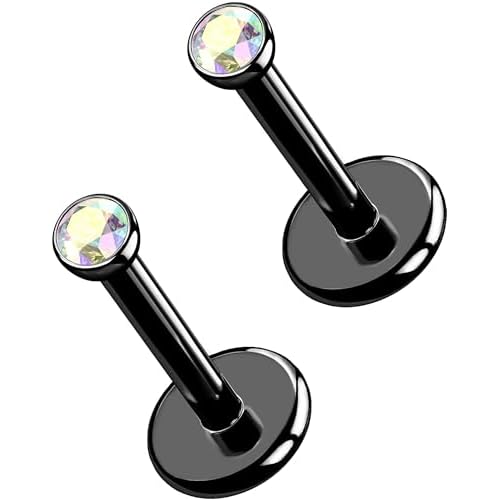OUFER 2Pcs 20G/18G/16G G23 Titanium Threadless Nose Stud Earrings Flat Back Tiny CZ Small Nose Helix Cartilage Tragus Conch Labret Medusa Monroe Piercing Jewelry for Women Men Black AB 2pcs,
