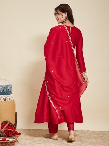 Image of MOKOSH Women's Embroidered Silk Anarkali Kurta Pant with Dupatta | Anarkali Kurta Set | Embroidered |Occasion & Festive Traditional | 3 Piece Outfit