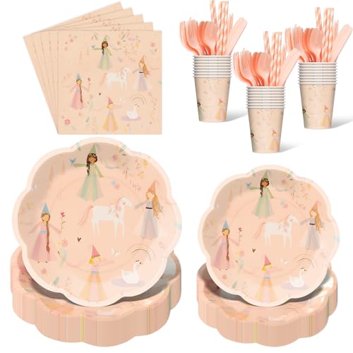 Yungyan 170 Pcs Princess Party Supplies Kit Pink Fairytale Disposable Tableware Set Include Plate Cup Utensil Napkin for Princess Birthday Party Baby Shower Decoration Serve 24 Guests