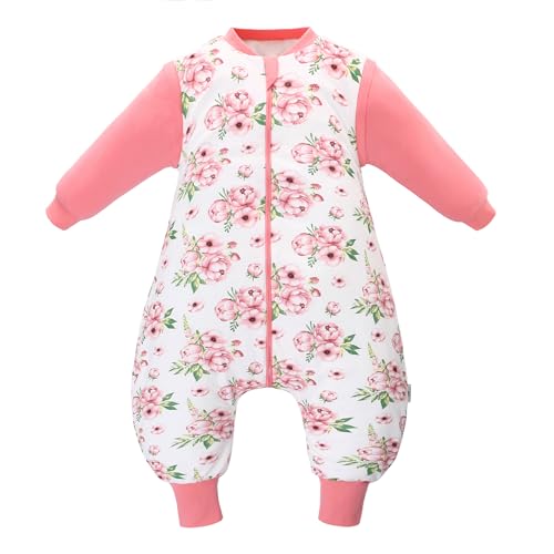 Miracle Baby Saco de Dormir para Bebé con Pies, Algodón 100%, 2.5 TOG Pijama Manta con Mangas Extraíbles para Niños, Unisex, Ideal para Otoño e Invierno, 2-4 años (Flores Rosas)