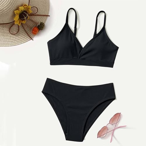 Teen Girls' Swimsuits 2 Piece V-Neck Solid Sport Bikini Set Adjustable Straps High Waist (Black-B, 10-12 Years)2