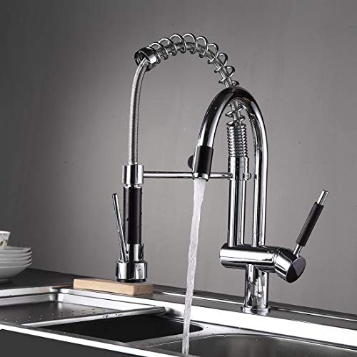 Fapully Commercial Spring Pre-Rinse Single Lever One Hole Pull Down Kitchen Faucet Pull Out Sprayer with Double Spout Sink Faucet Polished Chrome