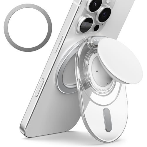 Sinjimoru Phone Grip Stand Compatible with MagSafe Adaptor Ring Included 3000G Kickstand for iPhone 17/16/15/14/13. M-Tap Tok Stand Clear White