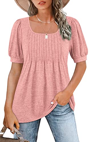 Women's Square Neck Tunic Shirts Summer Fashion Puff Short Sleeve Babydoll Tops Flowy Pleated Peplum Blouse Pink L
