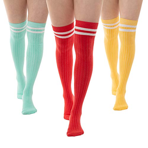 3 Thigh Length Socks | Womens Striped Cotton Thigh High Tube Sock | Girls Over Knee Boot Socks (Mint, Coral, Citrus)