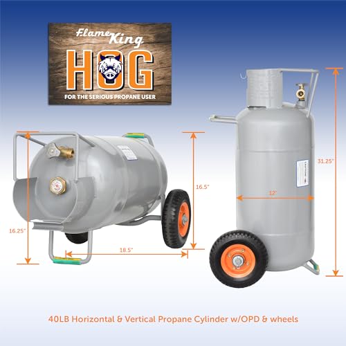 Flame King 40LB Empty Propane Tank with Wheels, Horizontal & Vertical LP Cylinder with Built-in Gauge for Fire Tables, Fire Pits, Patio Heaters, Barbeques, Lunch Trucks, Weed Torches & Truck Campers