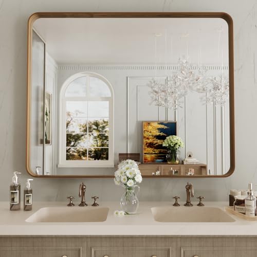 Image of LOAAO 40X24 Inch Bathroom Mirror with Wood Grain Colored Metal Frame, Rounded Rectangle Metal Framed Bathroom Mirror, Anti-Rust, Hangs Horizontally or Vertically