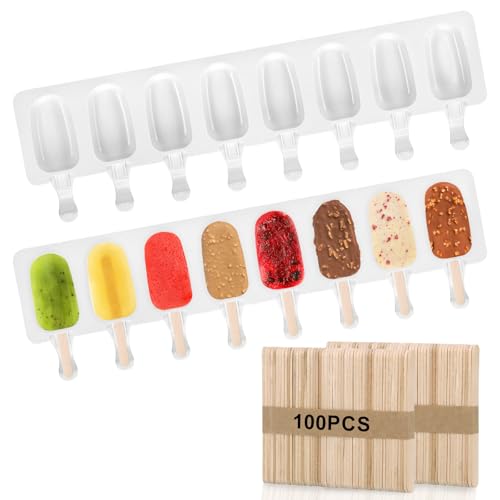 MICHIHOMIE 2Pcs Ice Lolly Moulds with Sticks, Non-Stick Silicone Popsicle Mould, DIY Ice Cream Moulds with 100 Wooden Sticks for Homemade Dessert, BPA-Free