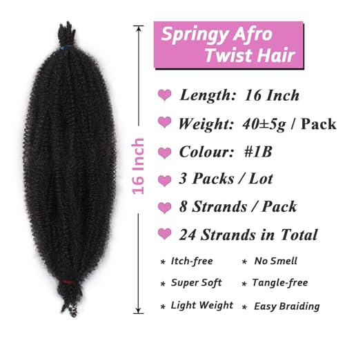 Samtress 18 Inch Springy Afro Twist Hair 3 Packs Black Springy Afro Twist Braids Kinky Marley Braiding Hair for Pre-fluffed Natural Afro Twist Braids Synthetic Wrapping Hair for Soft Locs (#1B) - Image 2